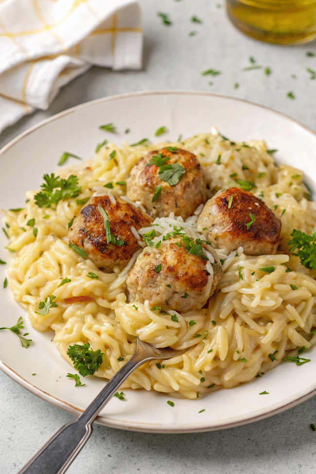 One Pan Chicken Meatballs with Orzo
